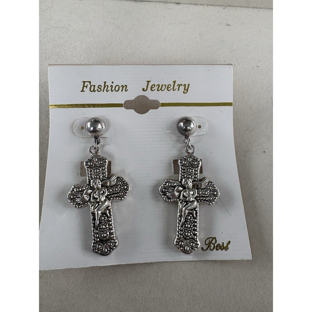 Vintage Style Silver Tone Cherub Cross Dangle Earrings Ornate Angel Religious